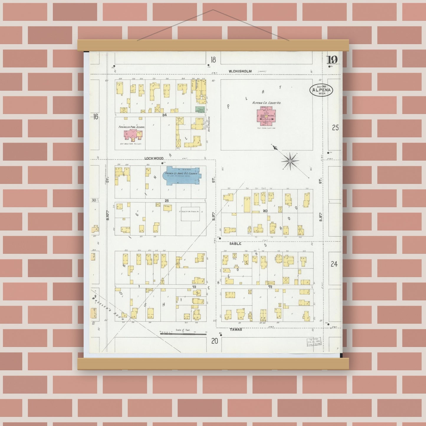 Old map wall art mockup — magnetic wood frame on brick wall — Sanborn Fire Insurance Map from Alpena, Alpena County, Michigan (1901), Sheet #0019