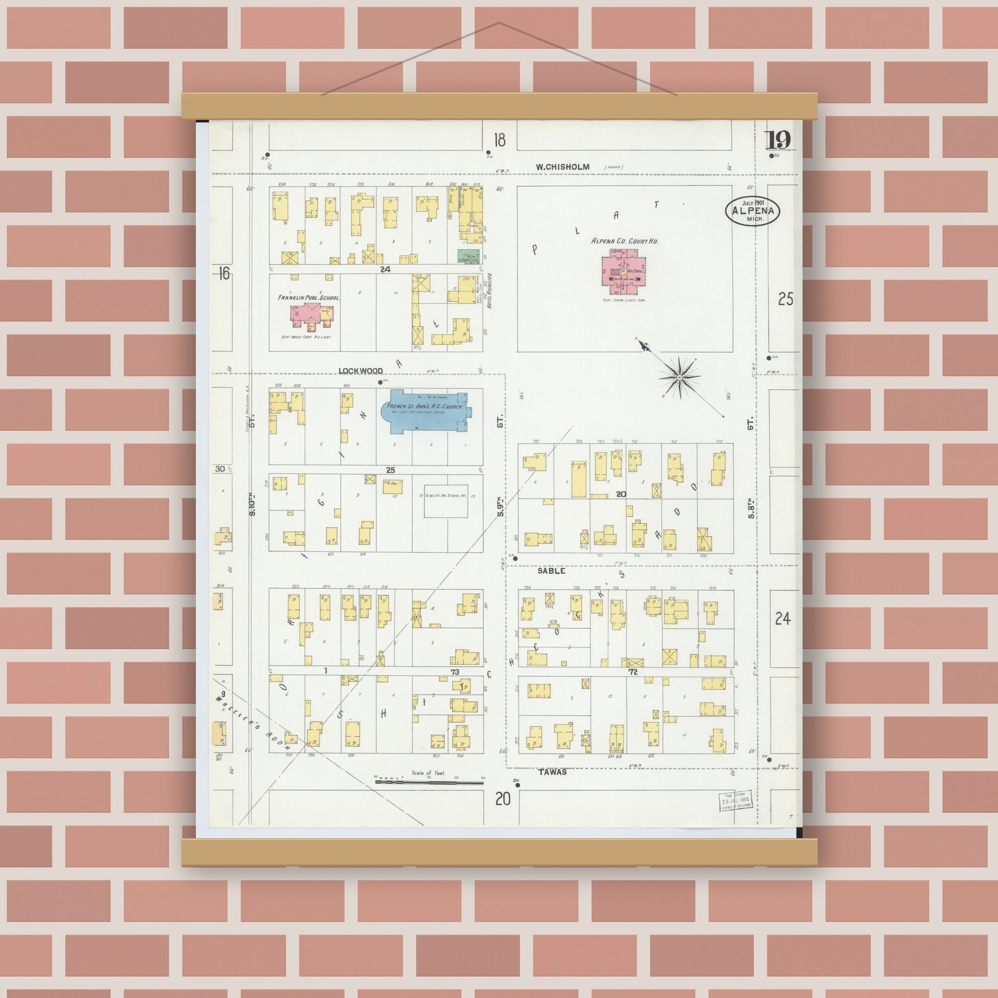 Old map wall art mockup — magnetic wood frame on brick wall — Sanborn Fire Insurance Map from Alpena, Alpena County, Michigan (1901), Sheet #0019