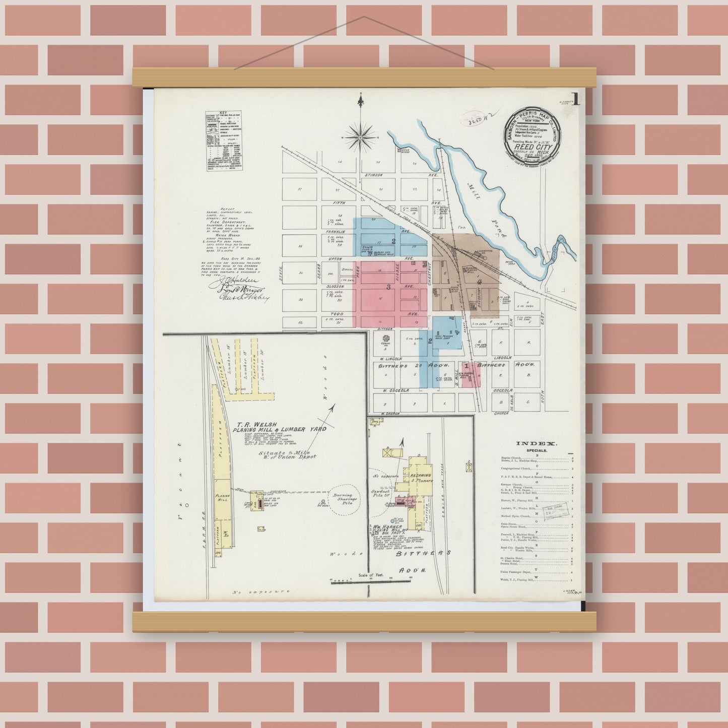 Old map wall art mockup — magnetic wood frame on brick wall — Sanborn Fire Insurance Map from Reed City, Osceola County, Michigan (1890) - Complete Map Set