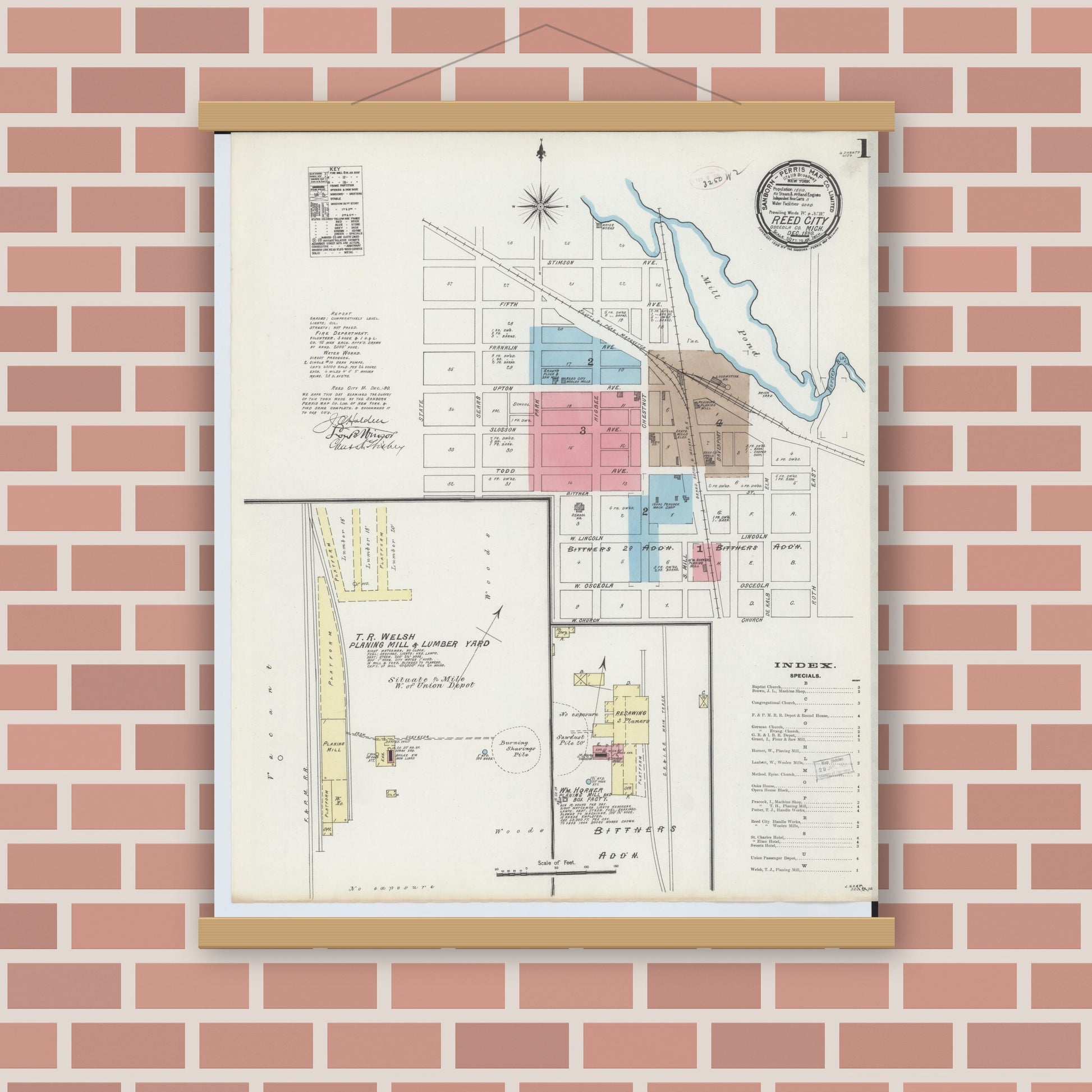 Old map wall art mockup — magnetic wood frame on brick wall — Sanborn Fire Insurance Map from Reed City, Osceola County, Michigan (1890) - Complete Map Set
