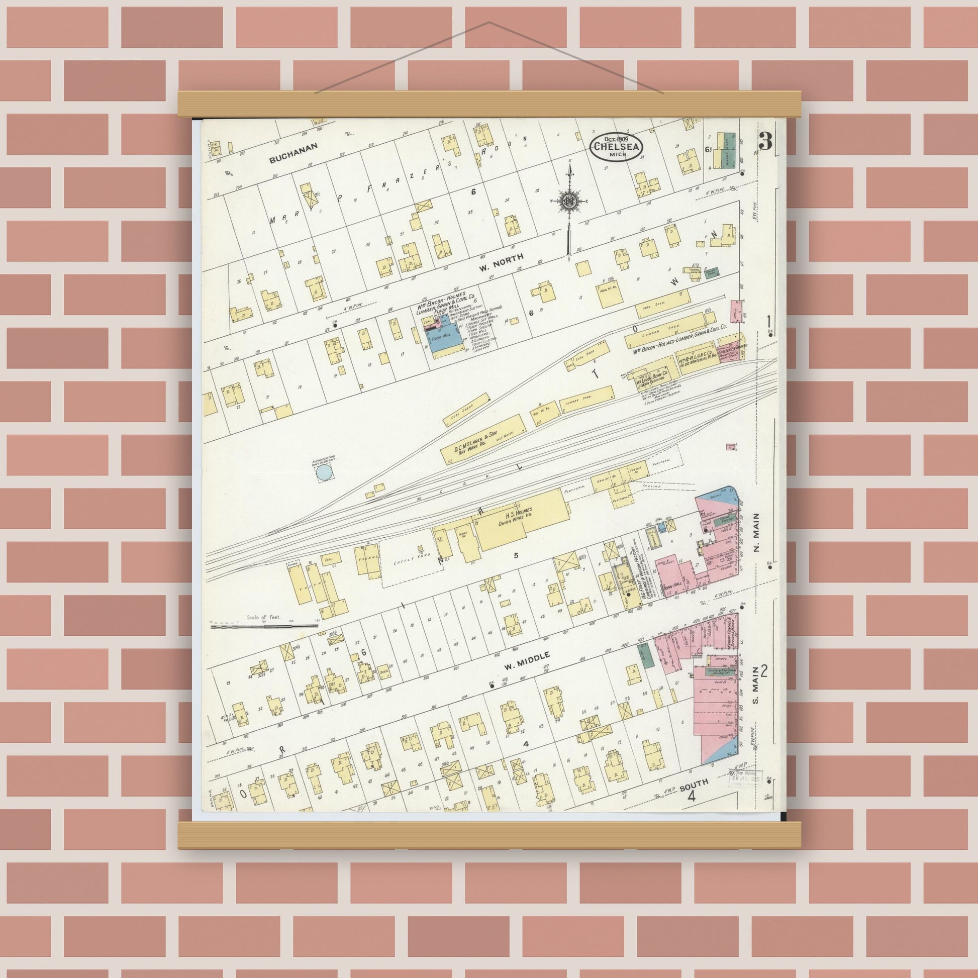 Old map wall art mockup — magnetic wood frame on brick wall — Sanborn Fire Insurance Map from Chelsea, Washtenaw County, Michigan (1909), Sheet #0003