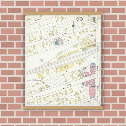 Old map wall art mockup — magnetic wood frame on brick wall — Sanborn Fire Insurance Map from Chelsea, Washtenaw County, Michigan (1909), Sheet #0003