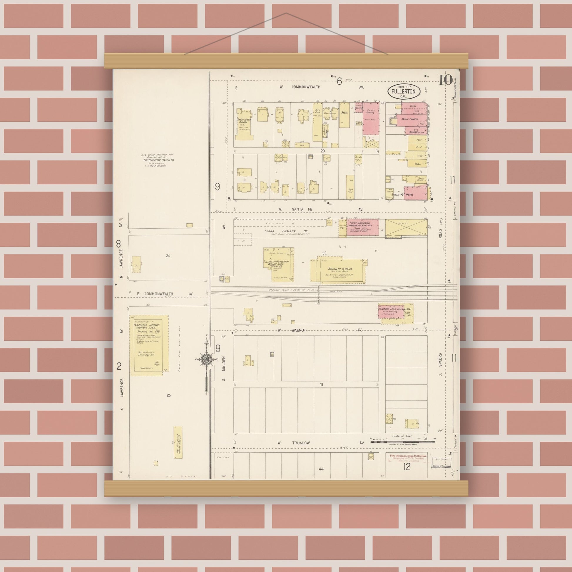 Old map wall art mockup — magnetic wood frame on brick wall — Sanborn Fire Insurance Map from Fullerton, Orange County, California (1917), Sheet #0010