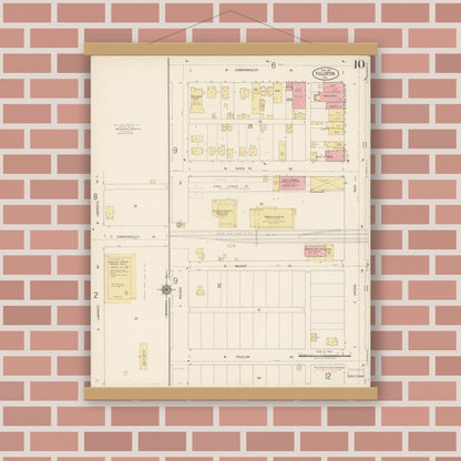 Old map wall art mockup — magnetic wood frame on brick wall — Sanborn Fire Insurance Map from Fullerton, Orange County, California (1917), Sheet #0010
