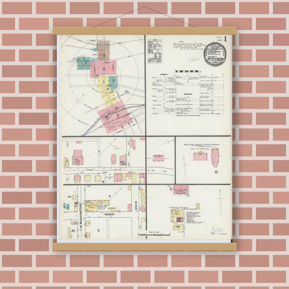 Old map wall art mockup — magnetic wood frame on brick wall — Sanborn Fire Insurance Map from Mount Pleasant, Westmoreland County, Pennsylvania (1891) - Complete Map Set