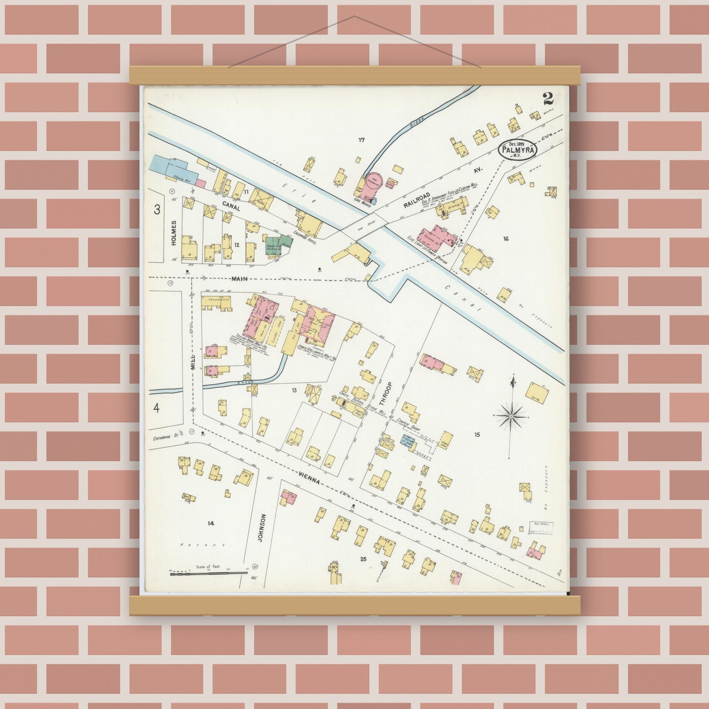 Old map wall art mockup — magnetic wood frame on brick wall — Sanborn Fire Insurance Map from Palmyra, Wayne County, New York (1899) - Complete Map Set