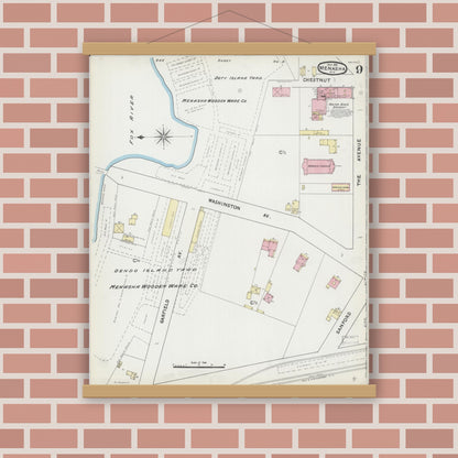 Old map wall art mockup — magnetic wood frame on brick wall — Sanborn Fire Insurance Map from Menasha, Winnebago County, Wisconsin (1891), Sheet #0009