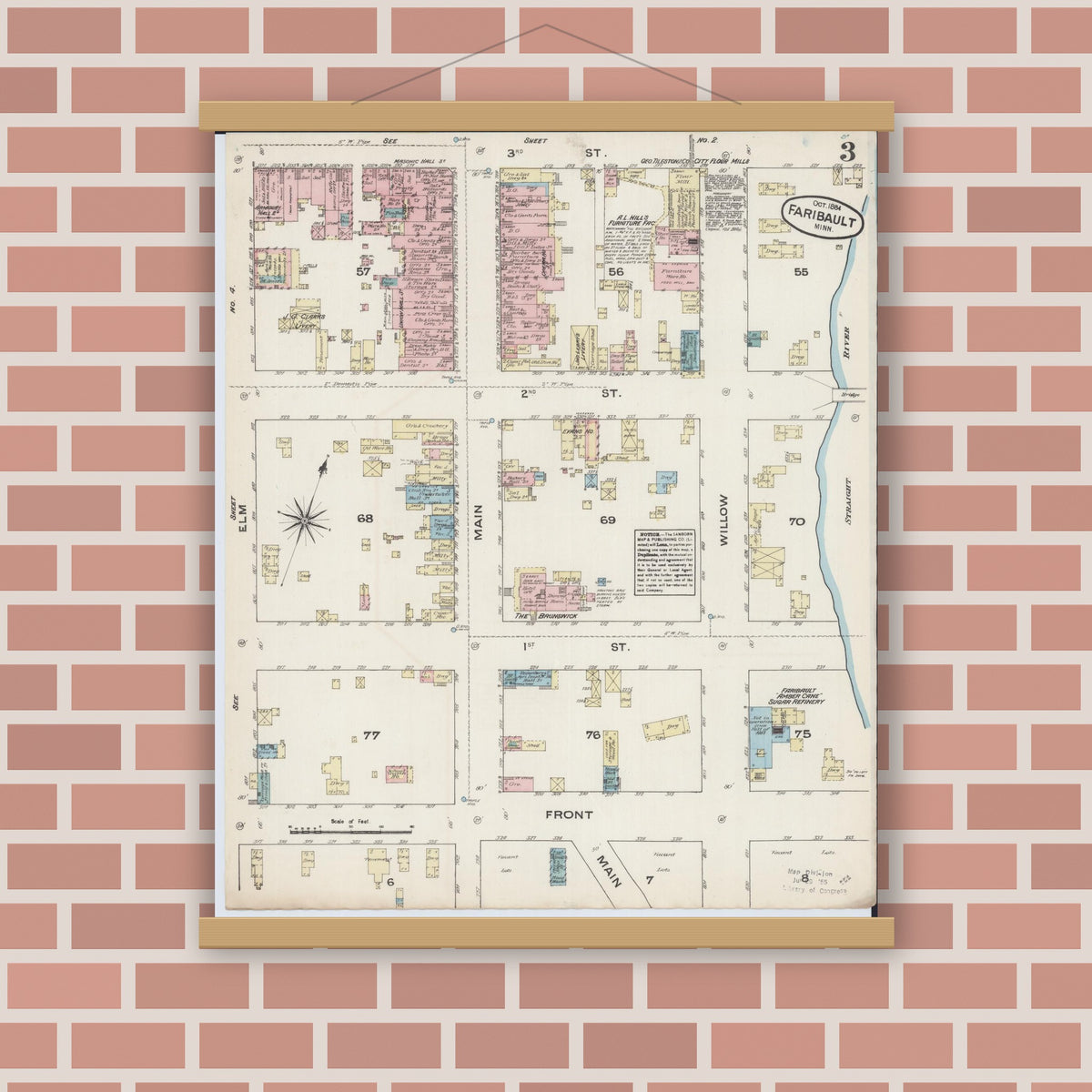 Old map wall art mockup — magnetic wood frame on brick wall — Sanborn Fire Insurance Map from Faribault, Rice County, Minnesota (1884), Sheet #0003