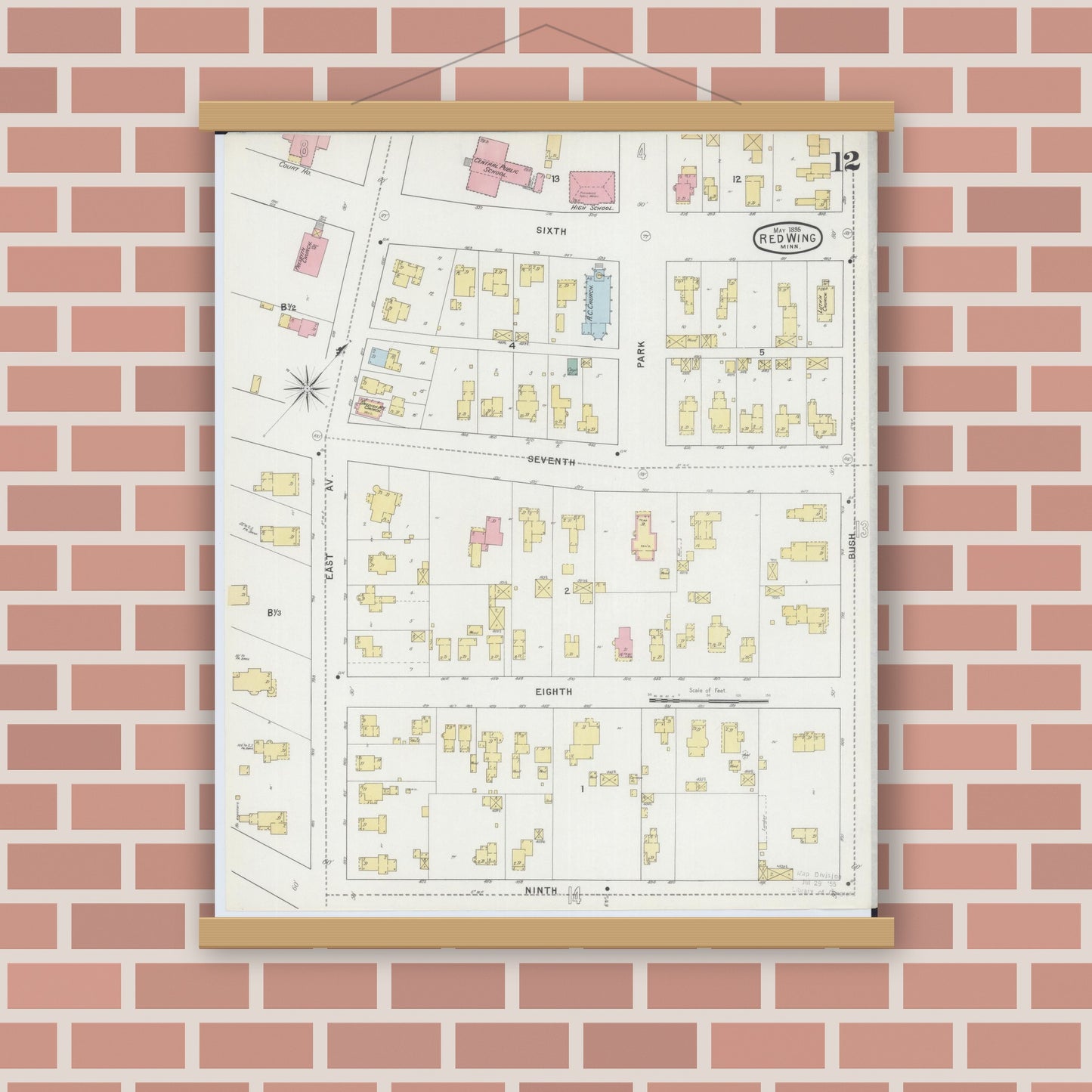 Old map wall art mockup — magnetic wood frame on brick wall — Sanborn Fire Insurance Map from Red Wing, Goodhue County, Minnesota (1895), Sheet #0012