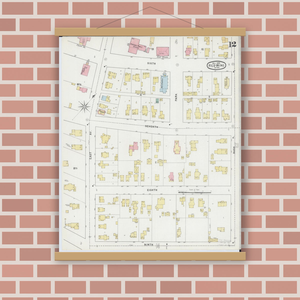Old map wall art mockup — magnetic wood frame on brick wall — Sanborn Fire Insurance Map from Red Wing, Goodhue County, Minnesota (1895), Sheet #0012