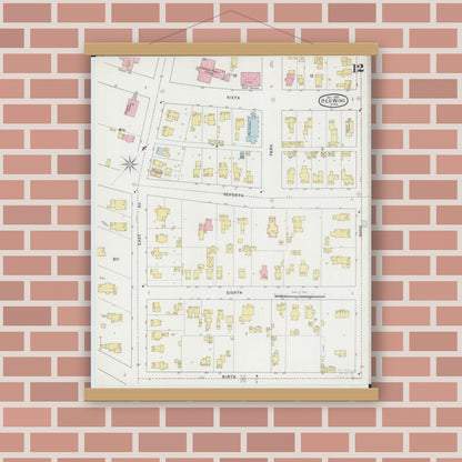 Old map wall art mockup — magnetic wood frame on brick wall — Sanborn Fire Insurance Map from Red Wing, Goodhue County, Minnesota (1895), Sheet #0012