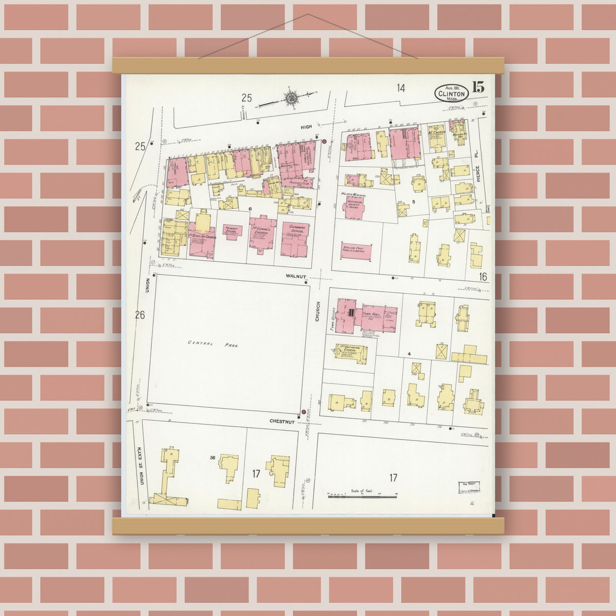 Old map wall art mockup — magnetic wood frame on brick wall — Sanborn Fire Insurance Map from Clinton, Worcester County, Massachusetts (1911), Sheet #0015