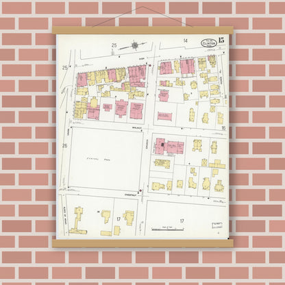 Old map wall art mockup — magnetic wood frame on brick wall — Sanborn Fire Insurance Map from Clinton, Worcester County, Massachusetts (1911), Sheet #0015