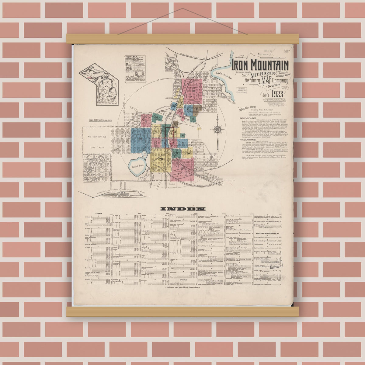 Old map wall art mockup — magnetic wood frame on brick wall — Sanborn Fire Insurance Map from Iron Mountain, Dickinson County, Michigan (1923), Sheet #0001