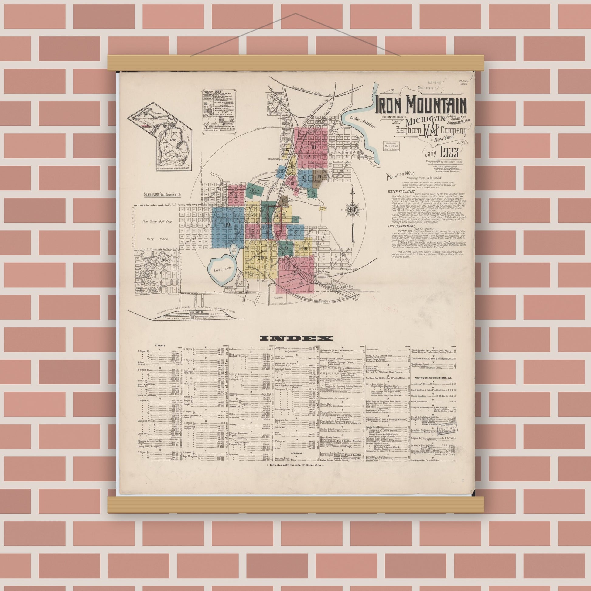 Old map wall art mockup — magnetic wood frame on brick wall — Sanborn Fire Insurance Map from Iron Mountain, Dickinson County, Michigan (1923), Sheet #0001