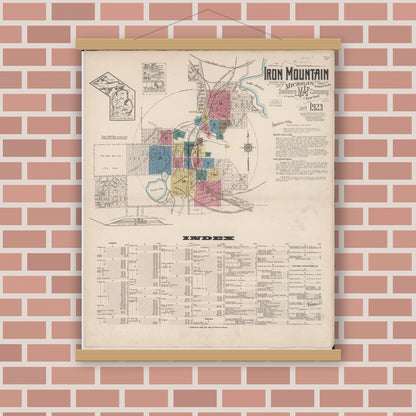 Old map wall art mockup — magnetic wood frame on brick wall — Sanborn Fire Insurance Map from Iron Mountain, Dickinson County, Michigan (1923), Sheet #0001