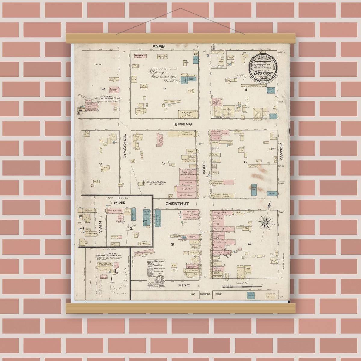 Old map wall art mockup — magnetic wood frame on brick wall — Sanborn Fire Insurance Map from Bastrop, Bastrop County, Texas (1885), Sheet #0001