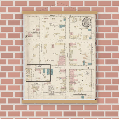 Old map wall art mockup — magnetic wood frame on brick wall — Sanborn Fire Insurance Map from Bastrop, Bastrop County, Texas (1885), Sheet #0001