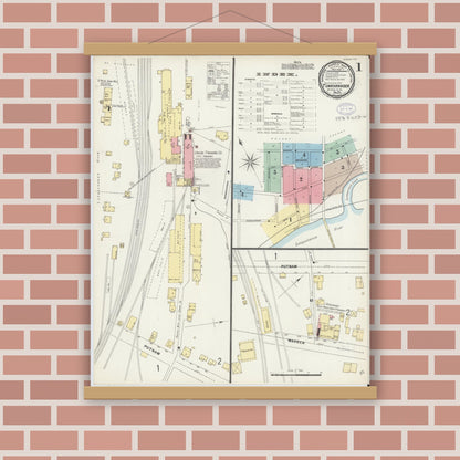 Old map wall art mockup — magnetic wood frame on brick wall — Sanborn Fire Insurance Map from Tunkhannock, Wyoming County, Pennsylvania (1897), Sheet #0001