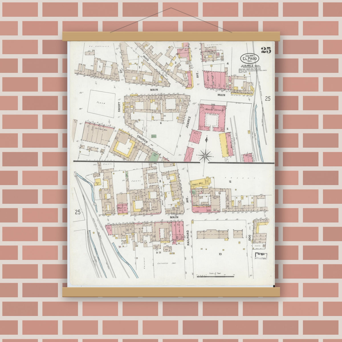 Old map wall art mockup — magnetic wood frame on brick wall — Sanborn Fire Insurance Map from El Paso, El Paso County, Texas (1900), Sheet #0025