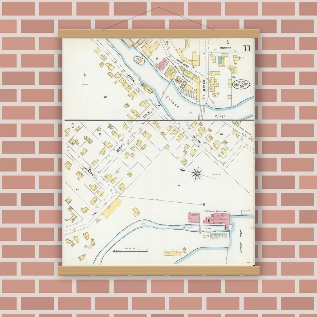 Old map wall art mockup — magnetic wood frame on brick wall — Sanborn Fire Insurance Map from Malone, Franklin County, New York (1903), Sheet #0011