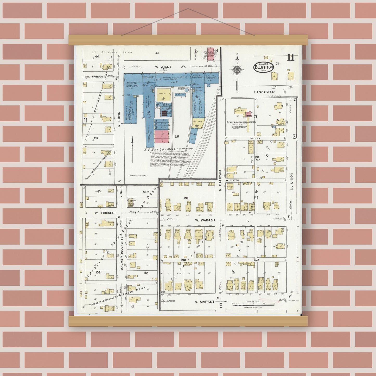Old map wall art mockup — magnetic wood frame on brick wall — Sanborn Fire Insurance Map from Bluffton, Wells County, Indiana (1919), Sheet #0011