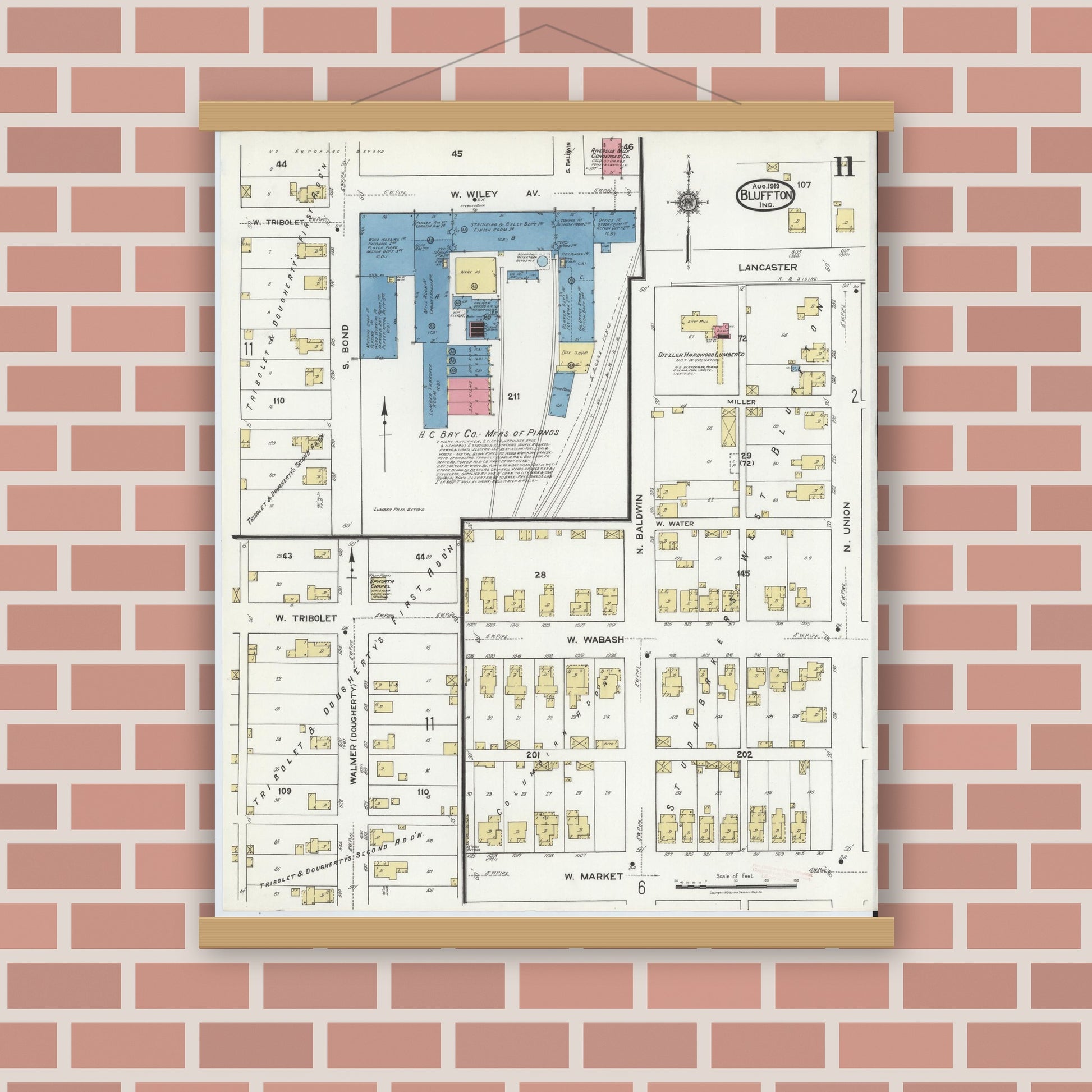 Old map wall art mockup — magnetic wood frame on brick wall — Sanborn Fire Insurance Map from Bluffton, Wells County, Indiana (1919), Sheet #0011