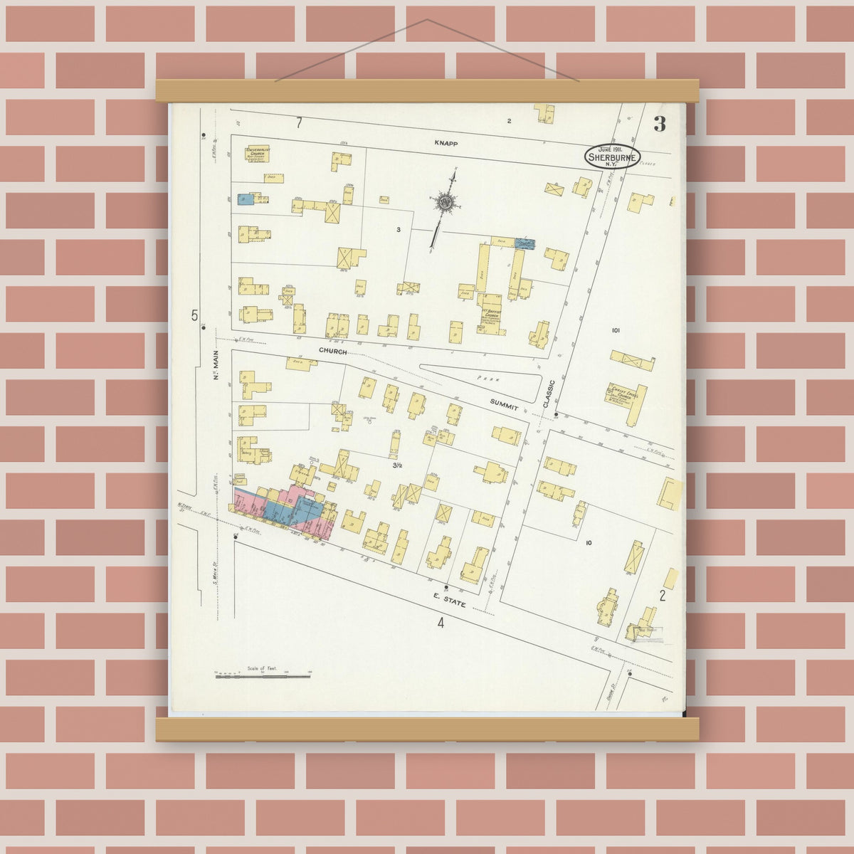 Old map wall art mockup — magnetic wood frame on brick wall — Sanborn Fire Insurance Map from Sherburne, Chenango County, New York (1911), Sheet #0003