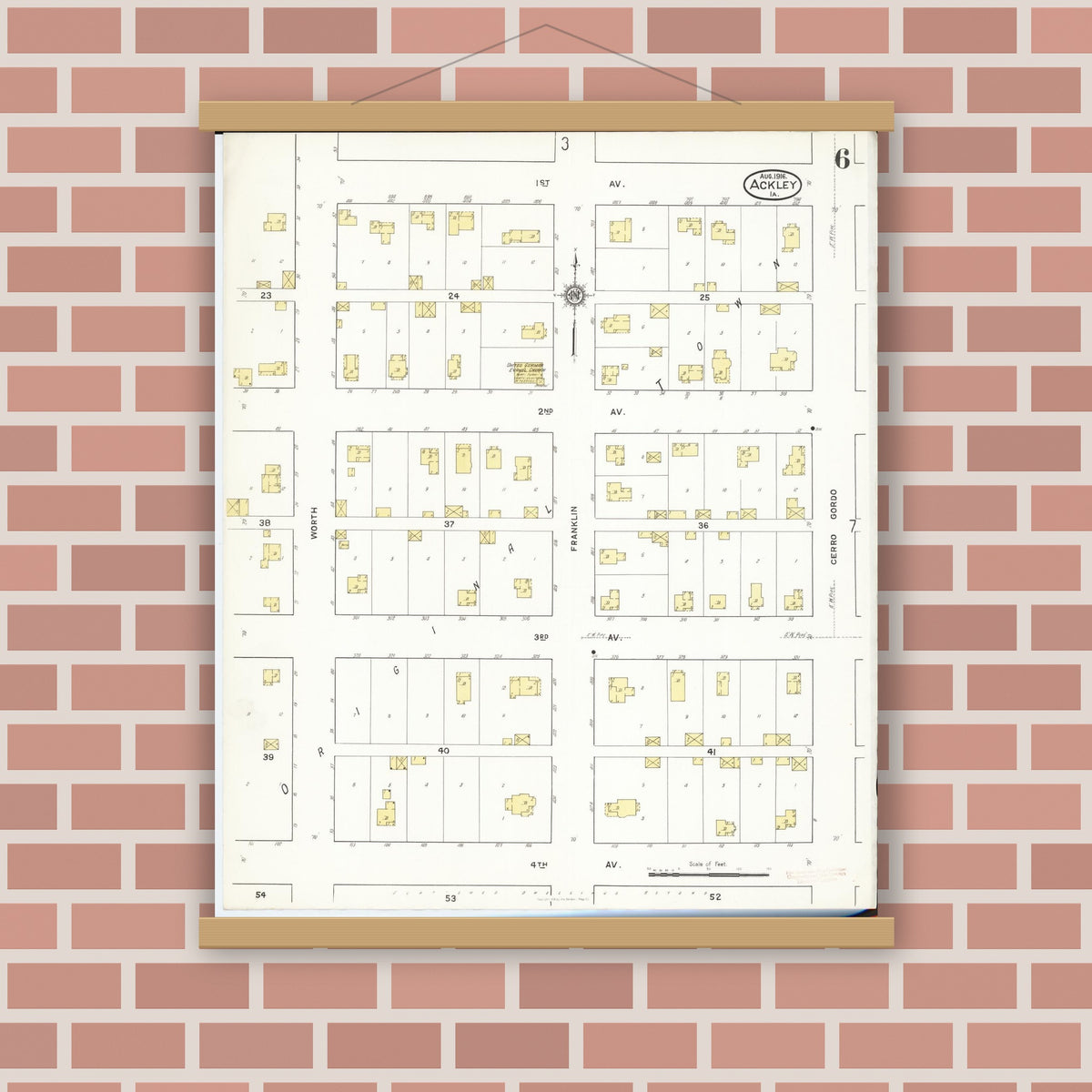 Old map wall art mockup — magnetic wood frame on brick wall — Sanborn Fire Insurance Map from Ackley, Hardin and Franklin Counties, Iowa (1916), Sheet #0006