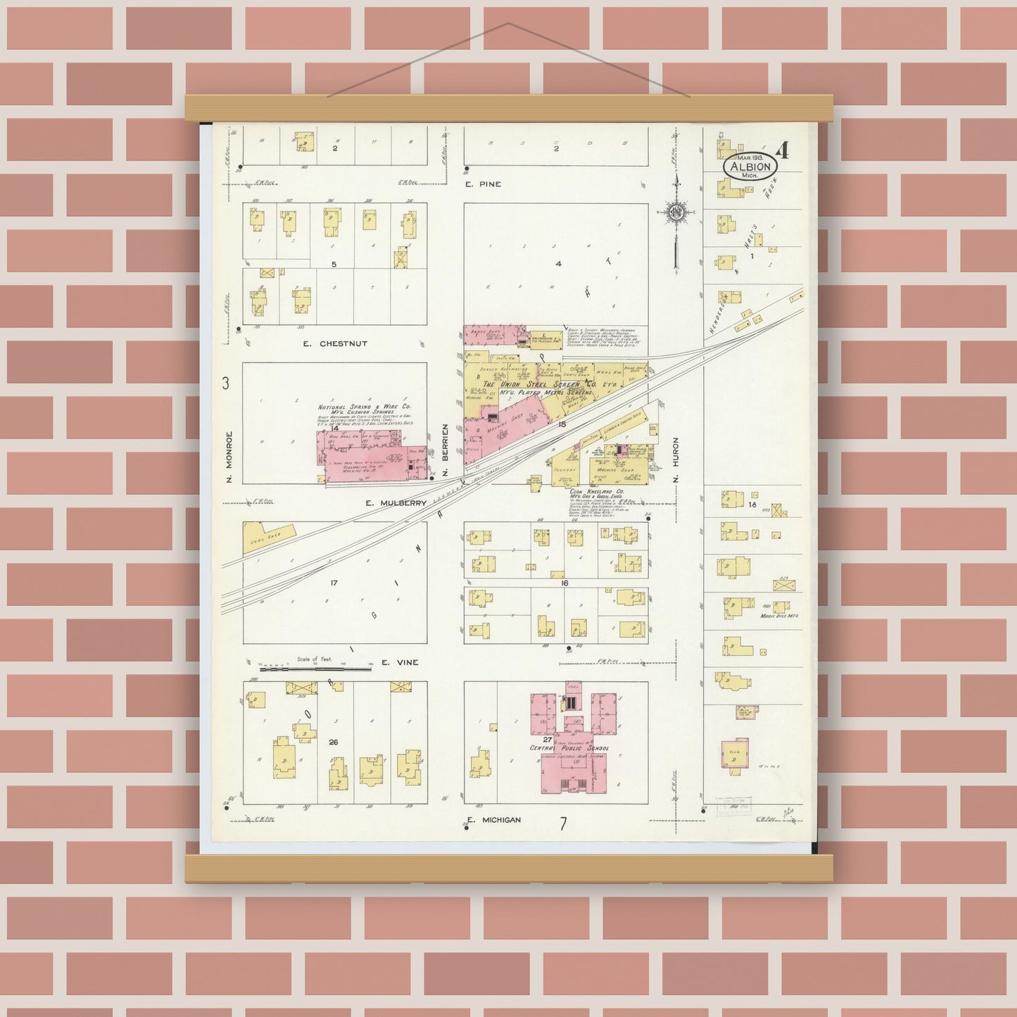 Old map wall art mockup — magnetic wood frame on brick wall — Sanborn Fire Insurance Map from Albion, Calhoun County, Michigan (1913), Sheet #0004