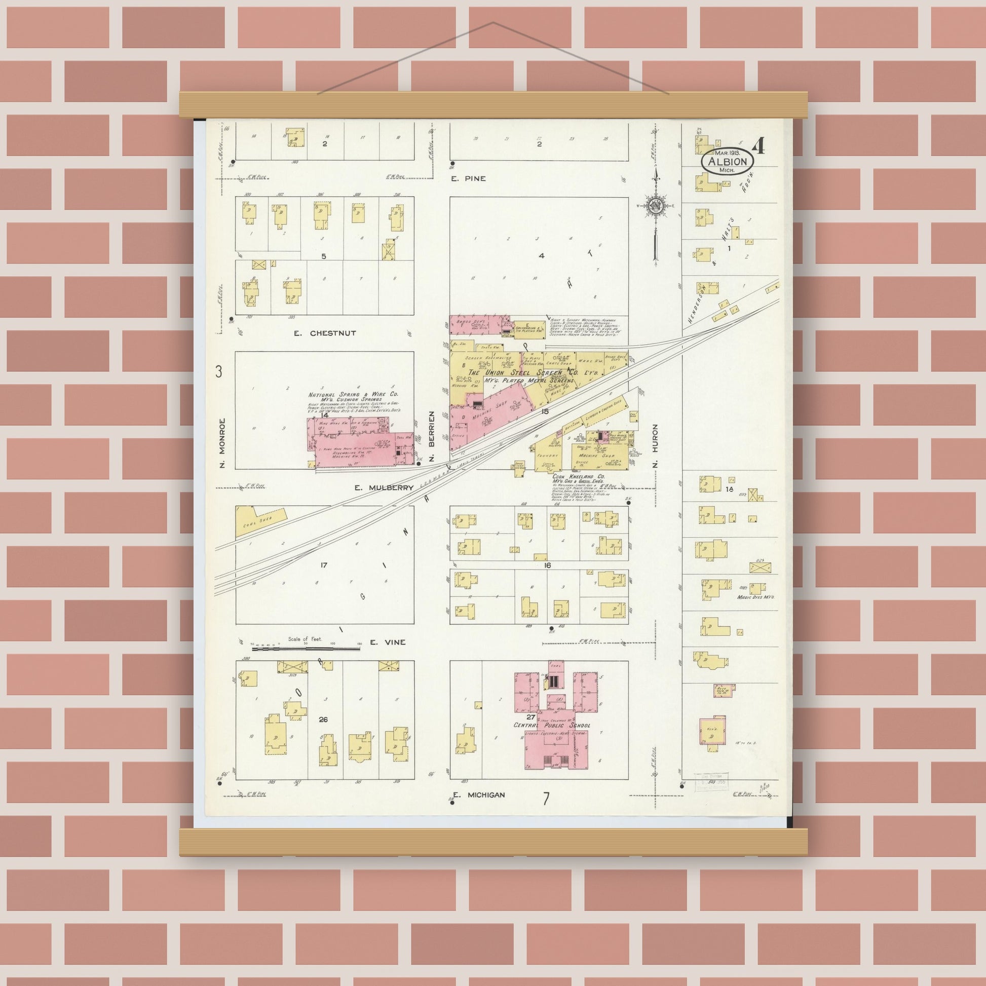 Old map wall art mockup — magnetic wood frame on brick wall — Sanborn Fire Insurance Map from Albion, Calhoun County, Michigan (1913), Sheet #0004