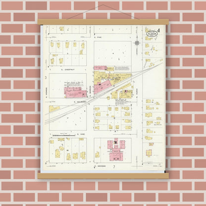 Old map wall art mockup — magnetic wood frame on brick wall — Sanborn Fire Insurance Map from Albion, Calhoun County, Michigan (1913), Sheet #0004