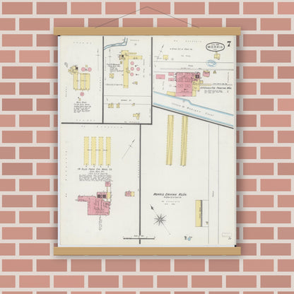Old map wall art mockup — magnetic wood frame on brick wall — Sanborn Fire Insurance Map from Morris, Grundy County, Illinois (1894), Sheet #0007