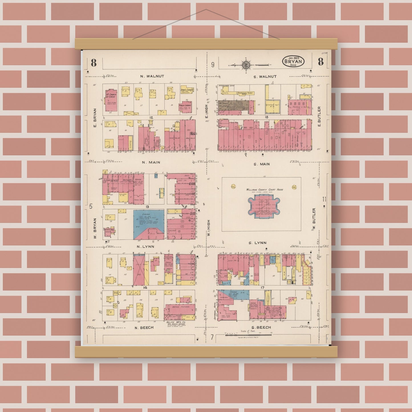 Old map wall art mockup — magnetic wood frame on brick wall — Sanborn Fire Insurance Map from Bryan, Williams County, Ohio (1923), Sheet #0008