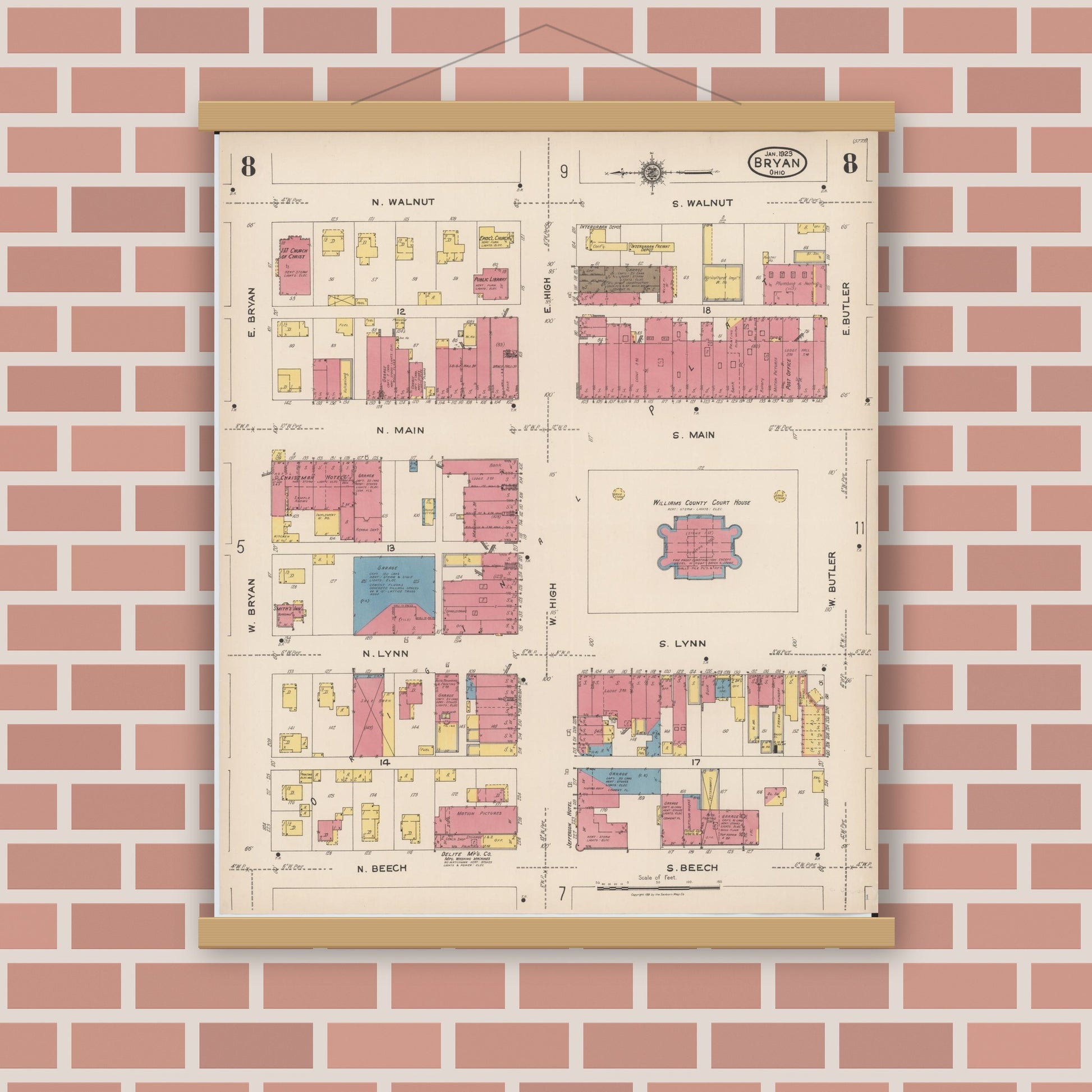 Old map wall art mockup — magnetic wood frame on brick wall — Sanborn Fire Insurance Map from Bryan, Williams County, Ohio (1923), Sheet #0008
