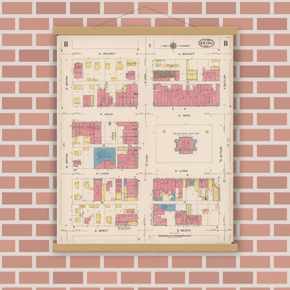 Old map wall art mockup — magnetic wood frame on brick wall — Sanborn Fire Insurance Map from Bryan, Williams County, Ohio (1923), Sheet #0008