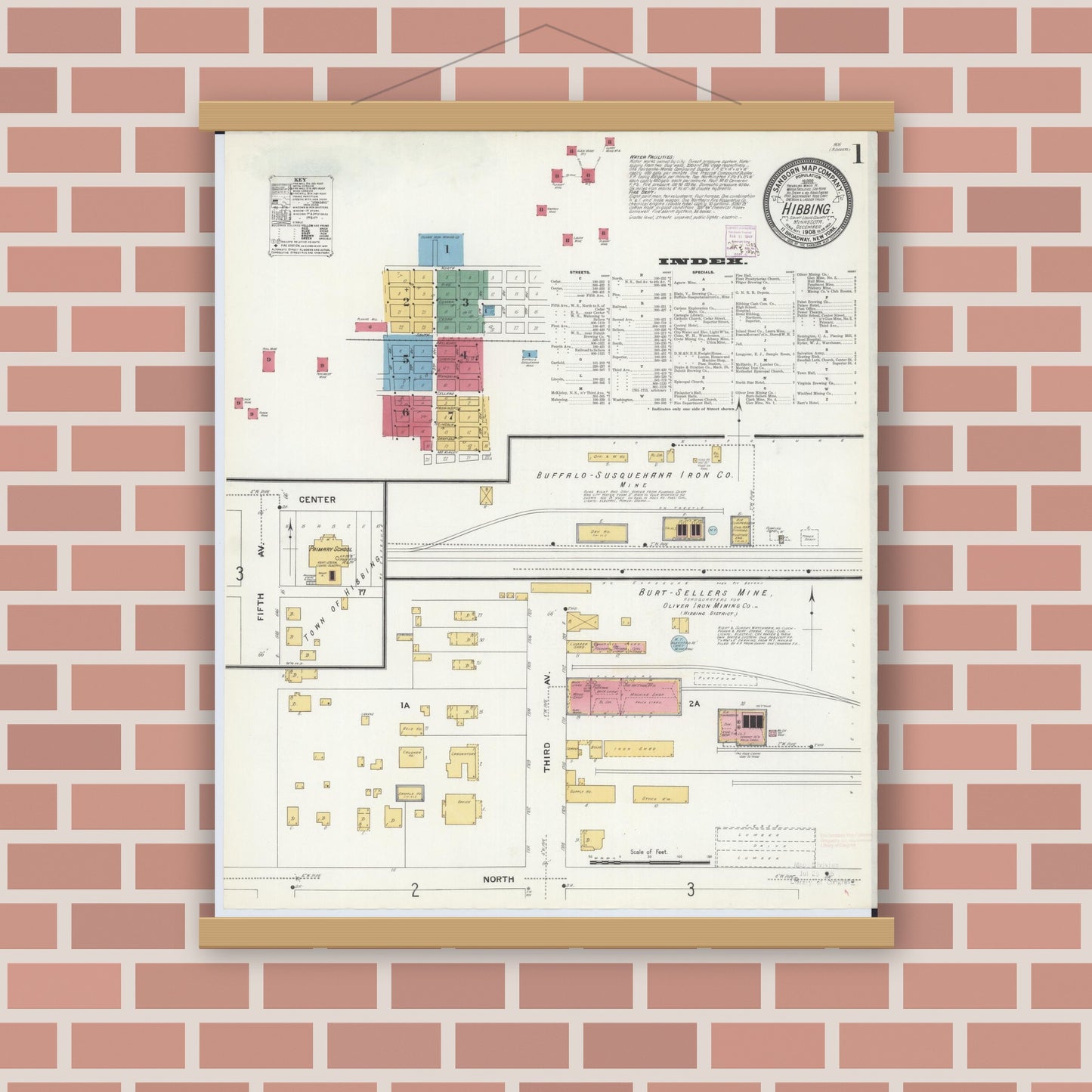 Old map wall art mockup — magnetic wood frame on brick wall — Sanborn Fire Insurance Map from Hibbing, Saint Louis County, Minnesota (1908), Sheet #0001