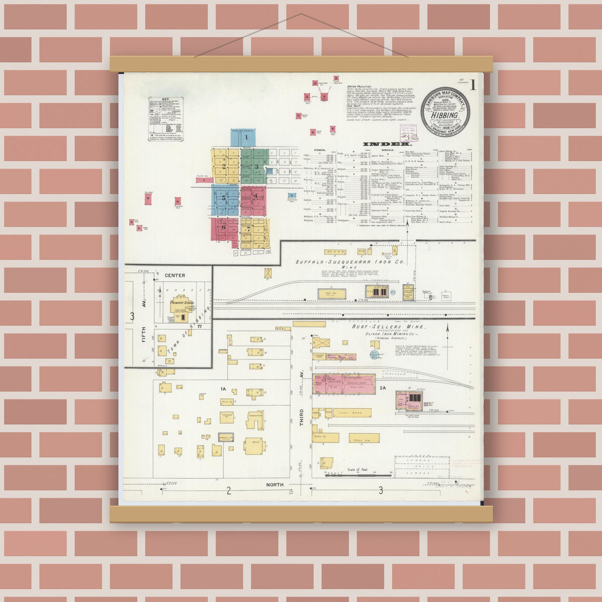 Old map wall art mockup — magnetic wood frame on brick wall — Sanborn Fire Insurance Map from Hibbing, Saint Louis County, Minnesota (1908), Sheet #0001