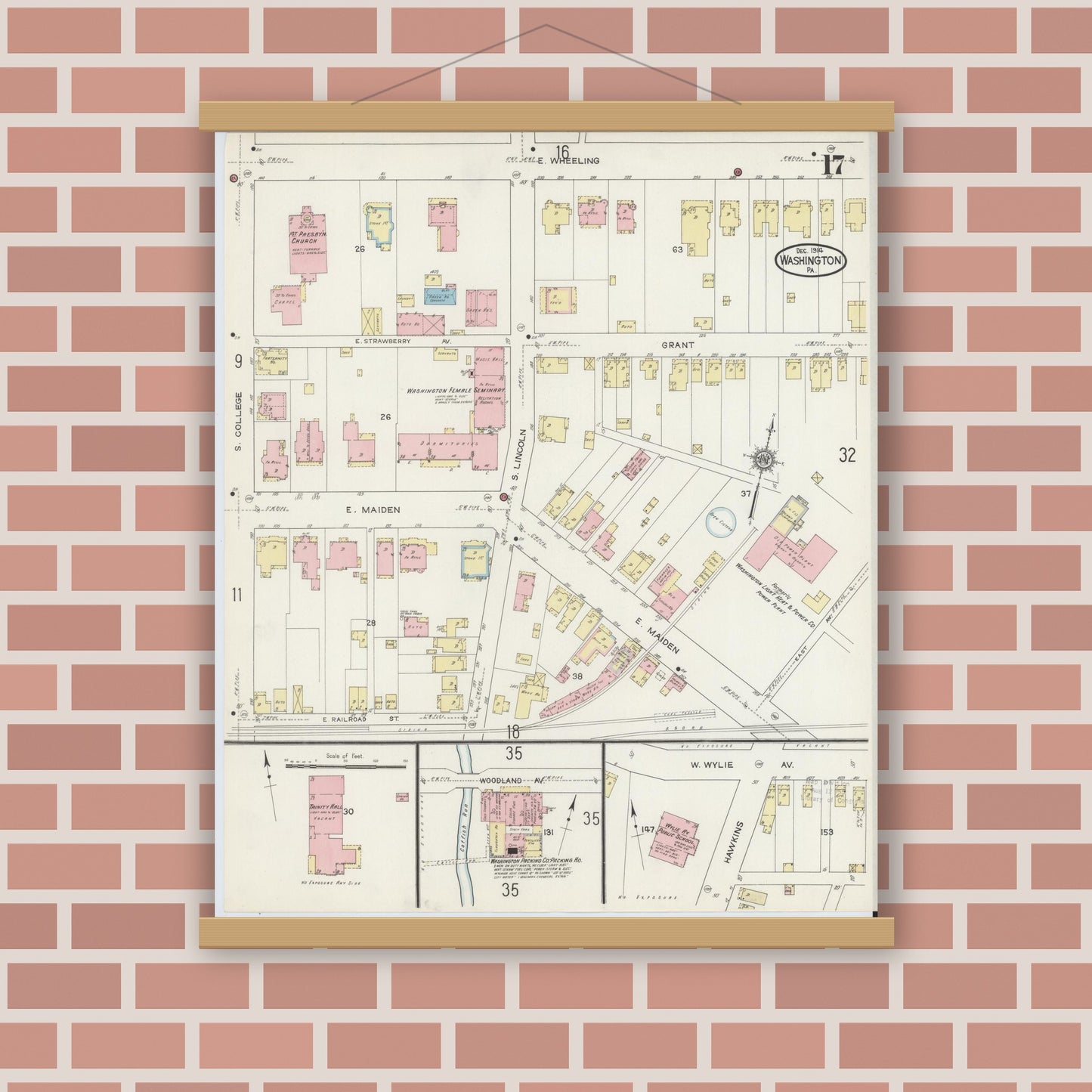 Old map wall art mockup — magnetic wood frame on brick wall — Sanborn Fire Insurance Map from Washington, Washington County, Pennsylvania (1914), Sheet #0017