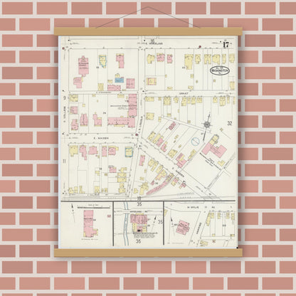 Old map wall art mockup — magnetic wood frame on brick wall — Sanborn Fire Insurance Map from Washington, Washington County, Pennsylvania (1914), Sheet #0017