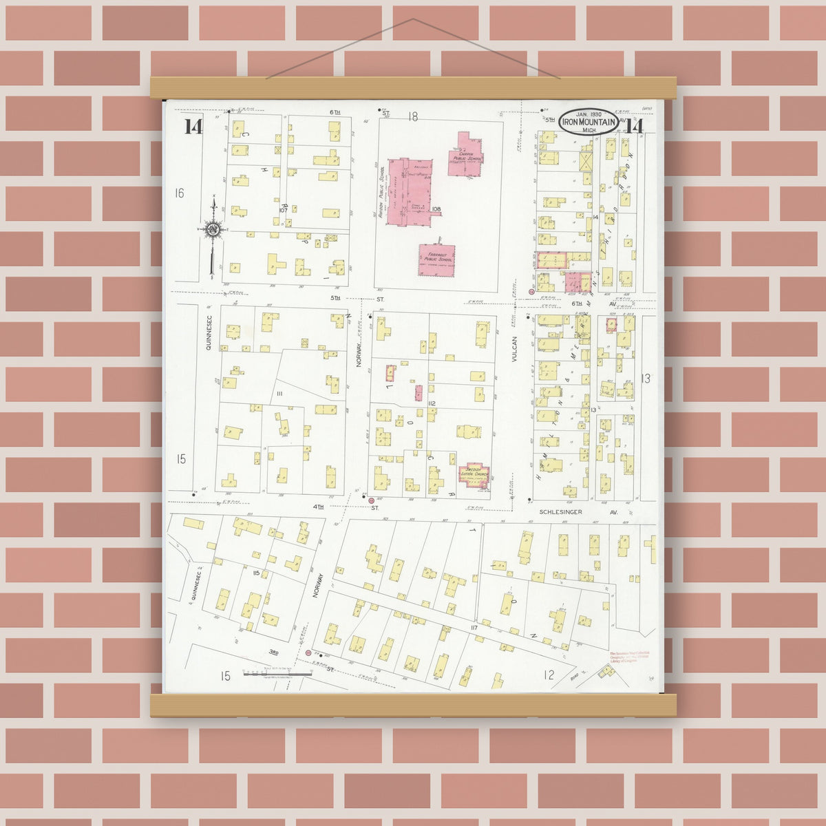 Old map wall art mockup — magnetic wood frame on brick wall — Sanborn Fire Insurance Map from Iron Mountain, Dickinson County, Michigan (1930), Sheet #0014