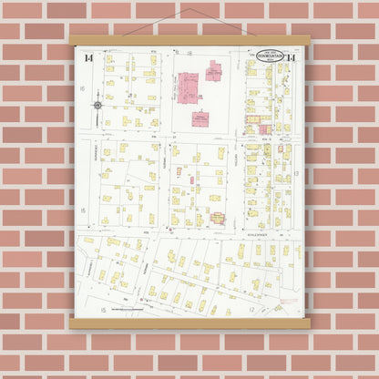 Old map wall art mockup — magnetic wood frame on brick wall — Sanborn Fire Insurance Map from Iron Mountain, Dickinson County, Michigan (1930), Sheet #0014