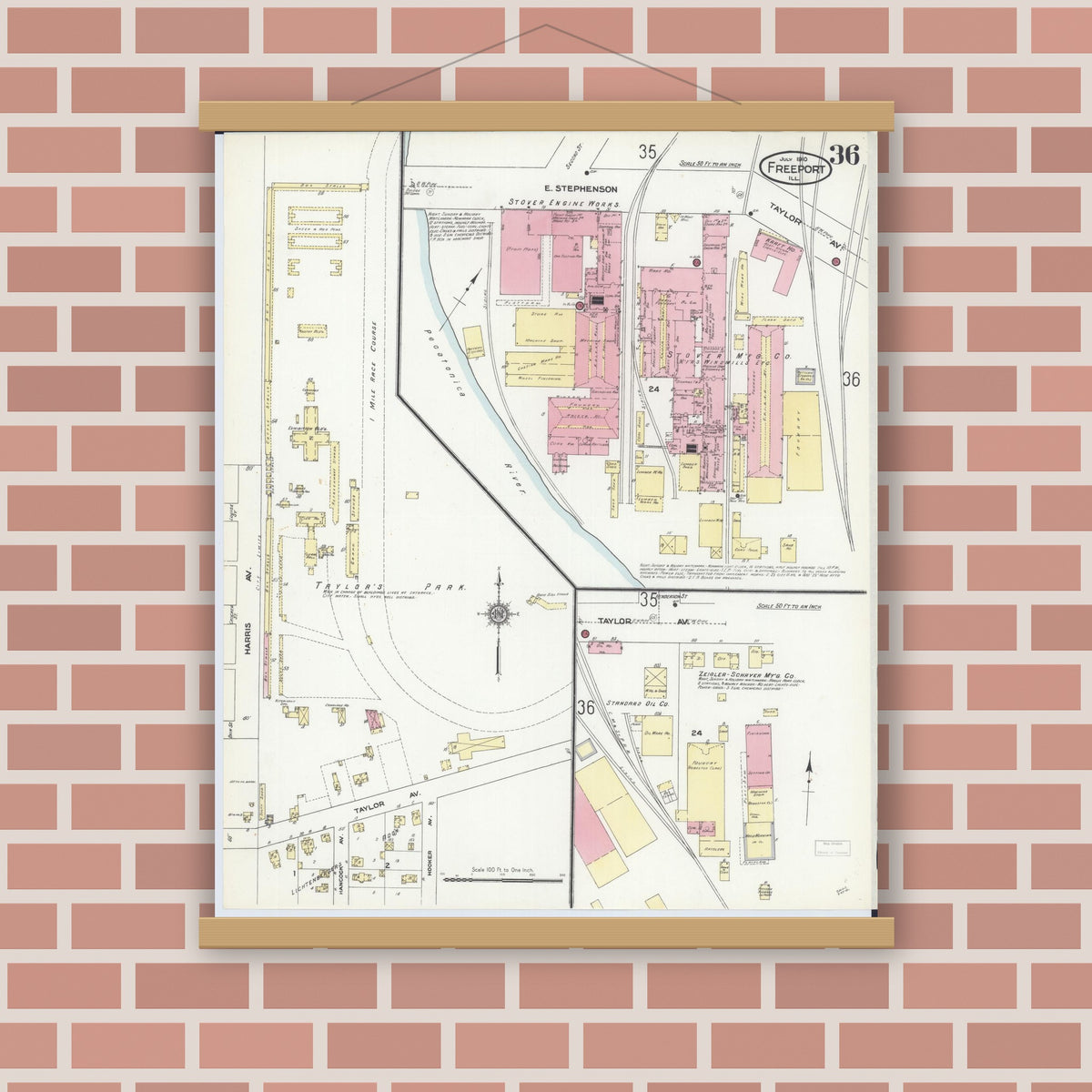 Old map wall art mockup — magnetic wood frame on brick wall — Sanborn Fire Insurance Map from Freeport, Stephenson County, Illinois (1910), Sheet #0036