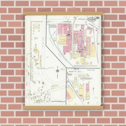 Old map wall art mockup — magnetic wood frame on brick wall — Sanborn Fire Insurance Map from Freeport, Stephenson County, Illinois (1910), Sheet #0036