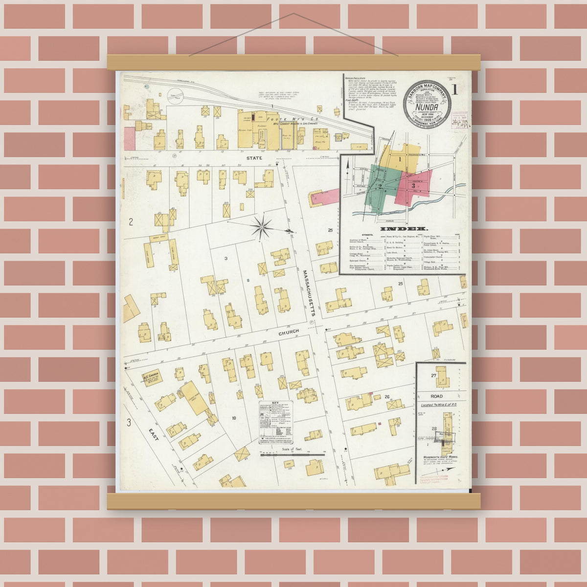 Old map wall art mockup — magnetic wood frame on brick wall — Sanborn Fire Insurance Map from Nunda, Livingston County, New York (1908) - Complete Map Set