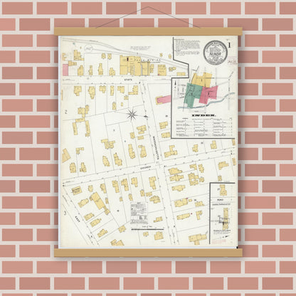 Old map wall art mockup — magnetic wood frame on brick wall — Sanborn Fire Insurance Map from Nunda, Livingston County, New York (1908) - Complete Map Set