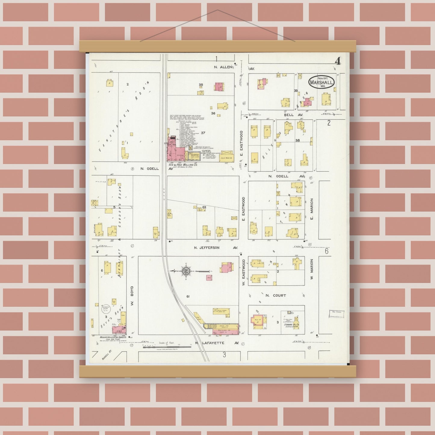 Old map wall art mockup — magnetic wood frame on brick wall — Sanborn Fire Insurance Map from Marshall, Saline County, Missouri (1917), Sheet #0004