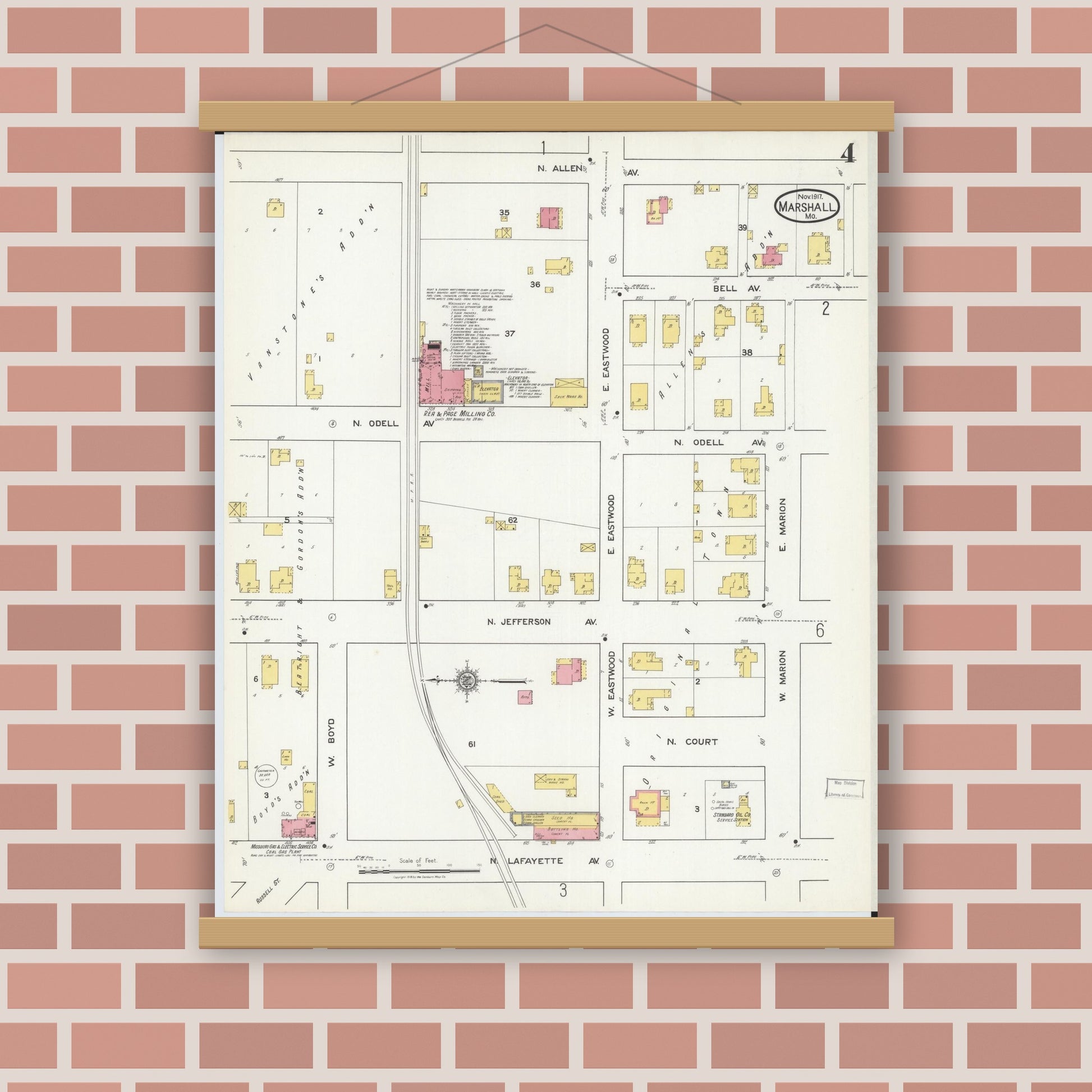 Old map wall art mockup — magnetic wood frame on brick wall — Sanborn Fire Insurance Map from Marshall, Saline County, Missouri (1917), Sheet #0004