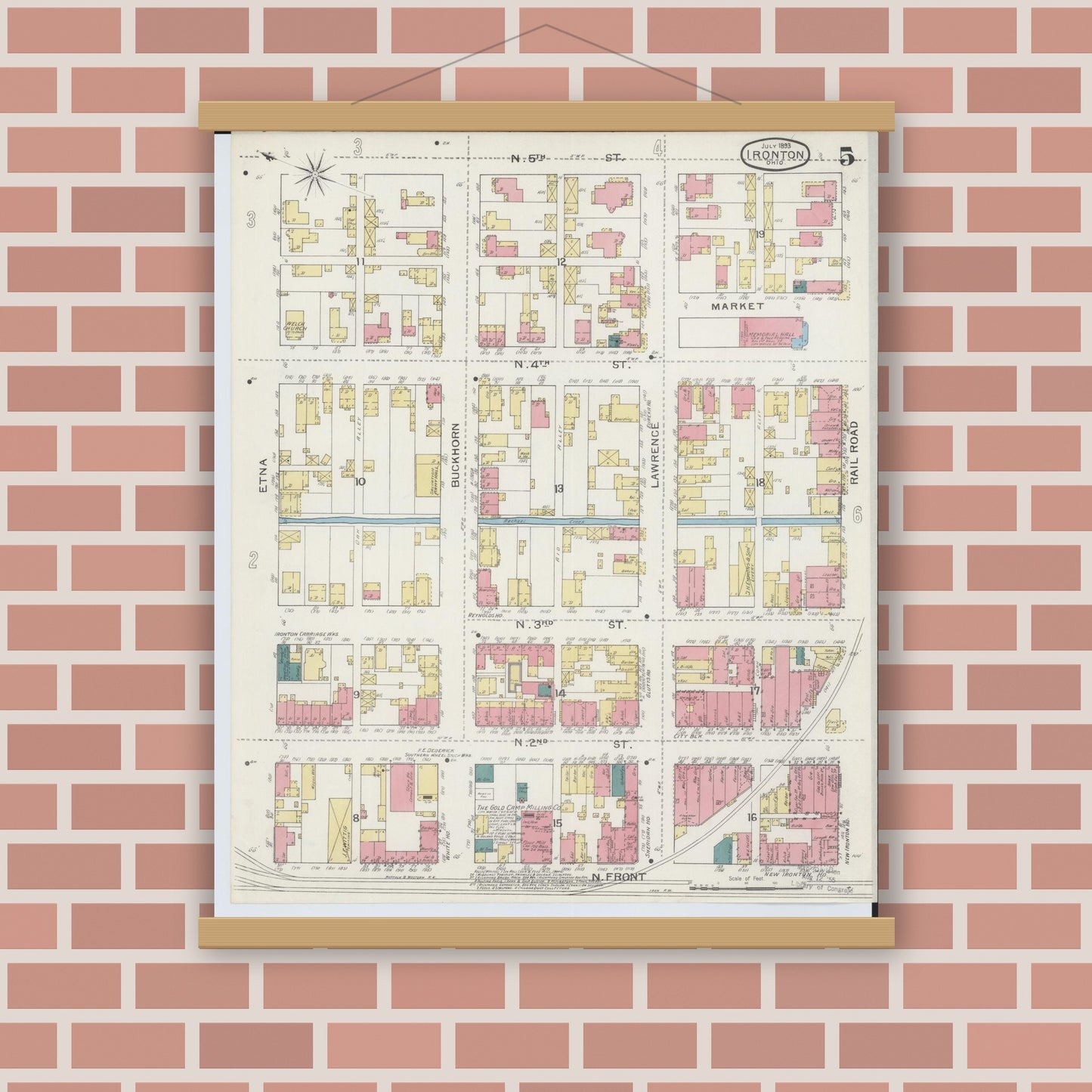 Old map wall art mockup — magnetic wood frame on brick wall — Sanborn Fire Insurance Map from Ironton, Lawrence County, Ohio (1893), Sheet #0005