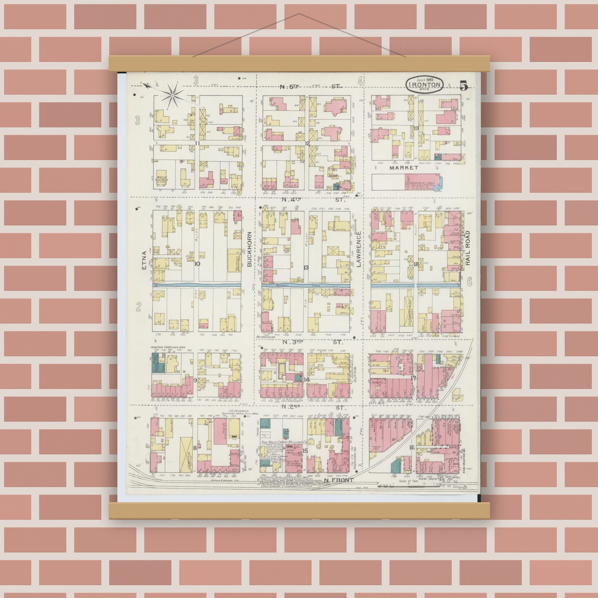 Old map wall art mockup — magnetic wood frame on brick wall — Sanborn Fire Insurance Map from Ironton, Lawrence County, Ohio (1893), Sheet #0005